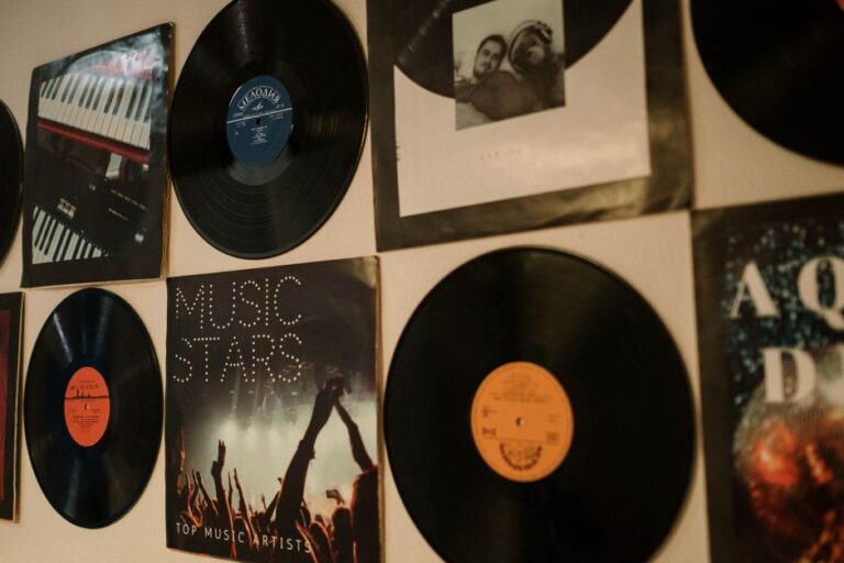 Wall featuring a collection of vintage vinyl records for music lovers.